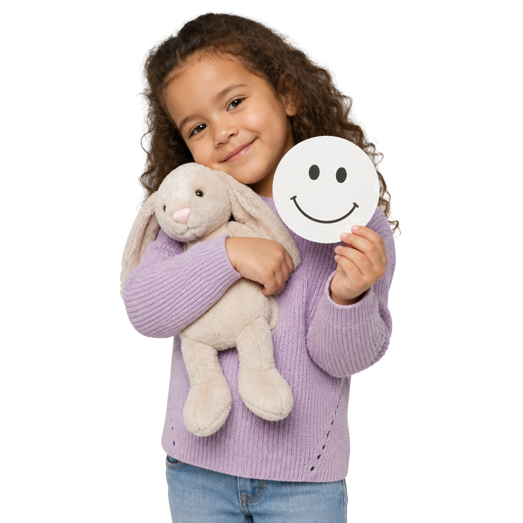 A child with a stuffed toy and an emotion card
