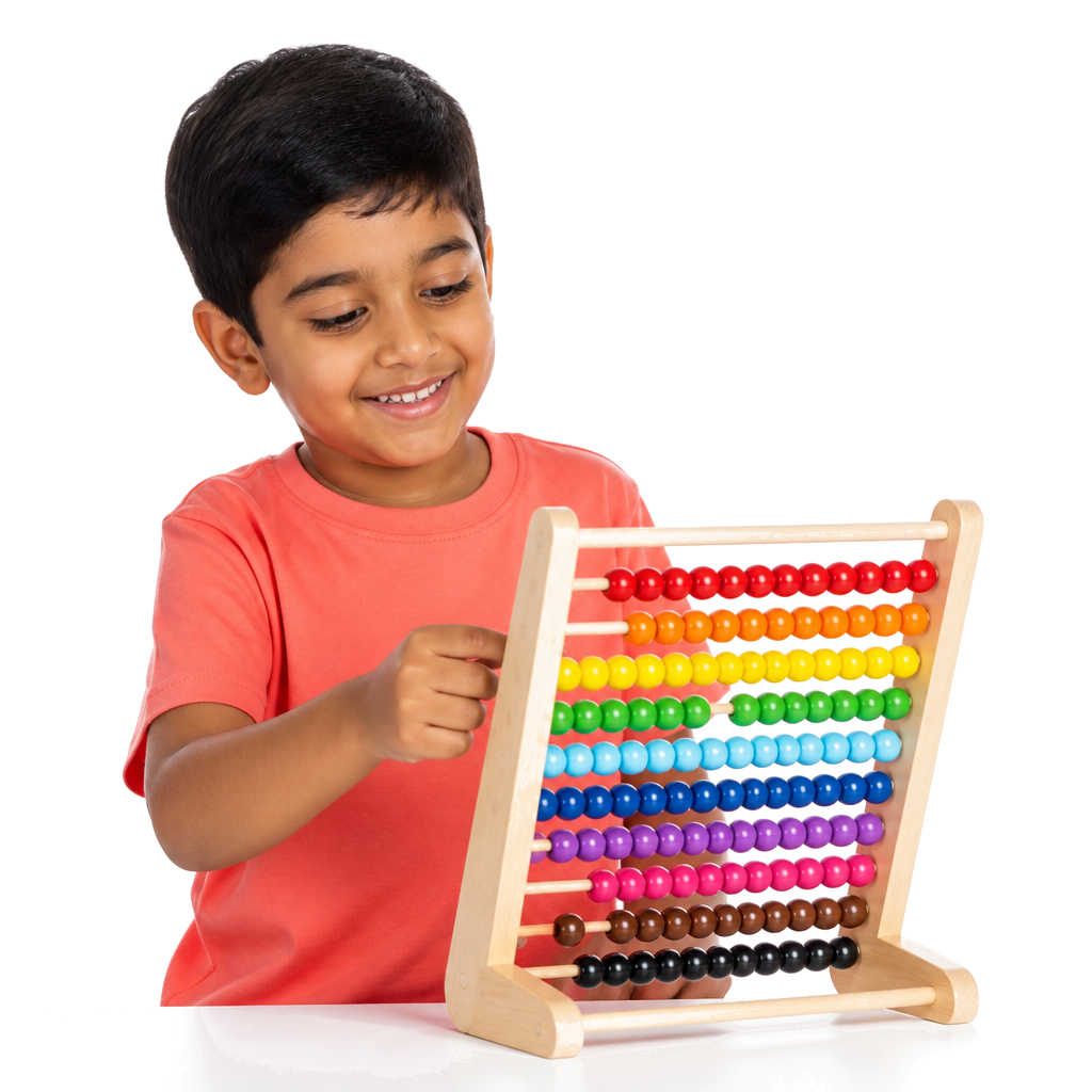 A child counting beads on an abacus
