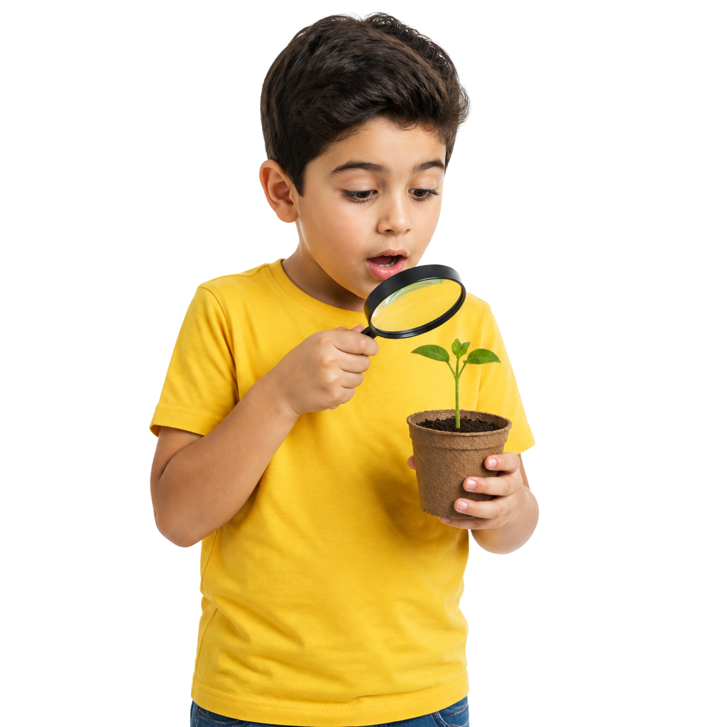 A child examining a seedling with a magnifying glass