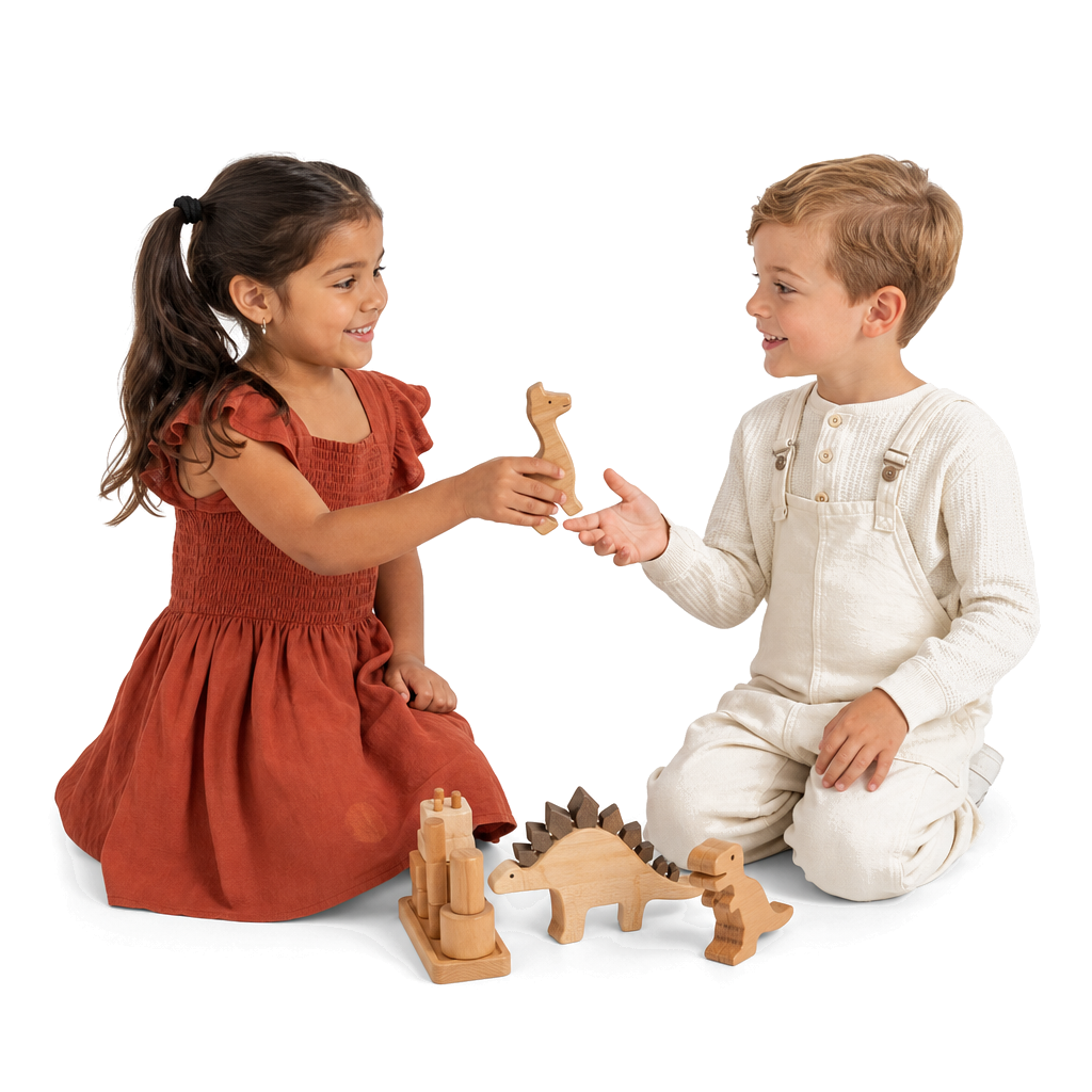 Two children sharing toys